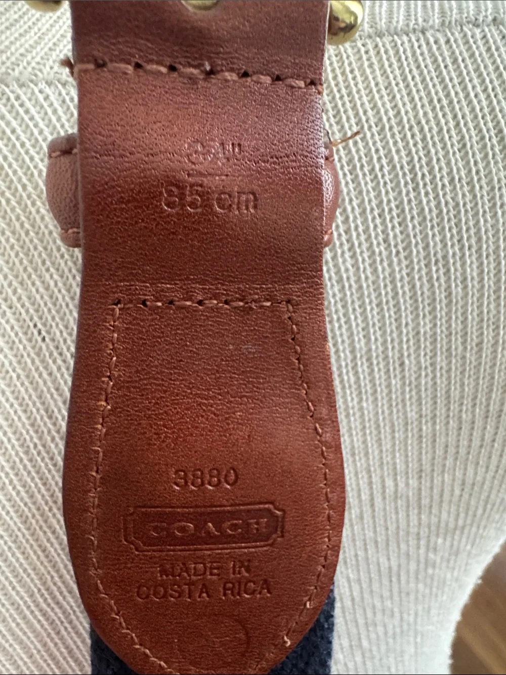 Coach Brown Leather Trim Navy and Cream Striped Belt